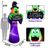 TURNMEON 8 Ft Giant Halloween Inflatables Witch Outdoor Decorations, Scary Witch Holds I Smell Children Banner LED Lights Blow Up Yard Halloween Decor Garden Lawn Holiday Party Home with Stakes Tether - Glow-Paradise
