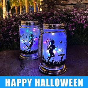 ANGMLN Solar Fairy Lantern Garden Halloween Decorations- 2 Pack Outdoor Fairies Night Lights Gifts Hanging Lamp Frosted Glass Jar with Stake for Yard Garden Patio Lawn Valentine's Day(Multicolor) - Glow-Paradise