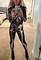 Pink Queen Womens Halloween Skeleton Print Cosplay Outfit Costume Jumpsuit - Glow-Paradise