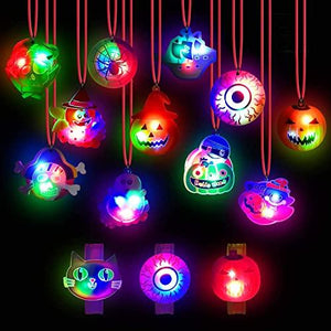 Halloween Lights- 24 pcs Halloween LED Necklace Bracelets Pumpkin Ghost Pirate Spider Eyeball Necklace Halloween Party Favor Light up Flashing Decoration Trick Treats Gift Bag Fillers for Women Men Family Pack - Glow-Paradise