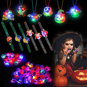 LOKIPA 54PCS Halloween Party Favors Toys, Light Up Halloween Toys with 30 Flash Rings + 6 Necklaces + 6 Bracelets + 12 Brooches LED Halloween Kids Toys Glow in the Dark Party Supplies for Halloween Decorations Party Games Gift - Glow-Paradise