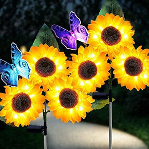 Ostritec 2 Pack Solar Sunflower Butterfly Lights, 6 Heads with 2 Butterflies, Outdoor Flower Garden Stake Lights, Waterproof LED Solar Garden Lights Decor for Grave Patio Yard Pathway Wedding Party - Glow-Paradise