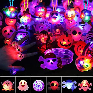 DIYASY 63 Pack Halloween Party Favors for Kids, Light Up Necklace Lighted Rings LED Flash Bracelets Brooches Bulk Glow Toys Party Supplies Decorations - Glow-Paradise
