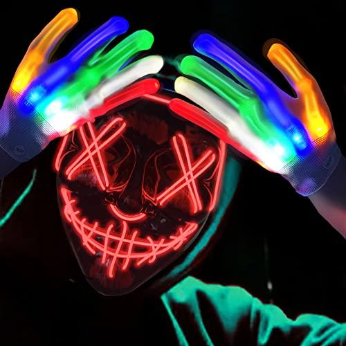Halloween Scary Mask with LED Gloves Kit Cosplay, LED Costume Mask EL Wire Light Up Mask for Halloween Costume Festival Cosplay,Music Festival Parties (Red) - Glow-Paradise