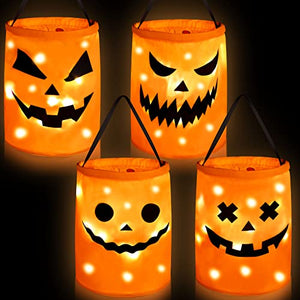 4 Pieces LED Light Halloween Candy Bags Light up Halloween Party Bags Pumpkin Large Halloween Treat Bags Multipurpose Portable Collapsible Reusable Halloween Bags for Trick or Treating (Scary Style) - Glow-Paradise