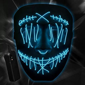 ILEBYGO Halloween Light Up Mask LED Purge Mask Scary Mask with EL Wire 3 Flashing-Modes for Halloween Festival, Party, Cos Play (Blue) - Glow-Paradise
