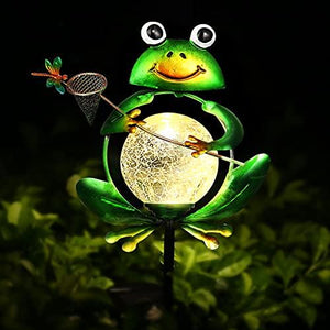 Garden Solar Lights Outdoor Decorations, Waterproof Frog Crackle Glass Globe Metal Garden Stake Lights, Solar Powered Warm White LED Light for Halloween Christmas Pathway Lawn Patio Yard Decor - Glow-Paradise