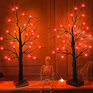 2 Pack 24 Inch Orange Lighted Halloween Birches Tree Decor with Timer Total 48 LED Battery Operated Tabletop Artificial Black Spooky Tree Halloween Decorations for Indoor Home Holiday Party - Glow-Paradise