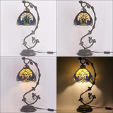 WERFACTORY Tiffany Lamp Yellow Liaison Stained Glass Bedside Table Lamp Desk Reading Light with Thin Metal Leaf Base 8X10X21 Inches Decor Small Space Bedroom Home Office LED Bulb Included S160E Series - Glow-Paradise