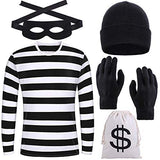 URATOT Halloween Robber Costume Set, Include Striped Long Sleeve T-Shirt Knit Cap Gloves Canvas Bags and Eye Mask - Glow-Paradise