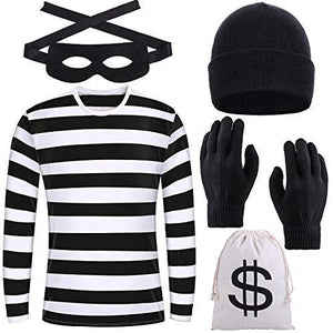 URATOT Halloween Robber Costume Set, Include Striped Long Sleeve T-Shirt Knit Cap Gloves Canvas Bags and Eye Mask - Glow-Paradise
