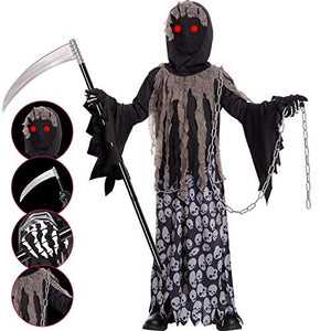 Grim Reaper Costume for Kids Phantom Halloween Costume with Creepy Red Glowing Eyes, Skull Gloves Scythe included - Glow-Paradise