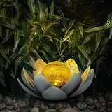 Huaxu Solar Lights Outdoor Garden Decor , Amber Crackle Globe Glass Lotus Decoration,Waterproof Gray Metal Flower Light for Patio,Lawn,Walkway,Tabletop,Ground - Glow-Paradise