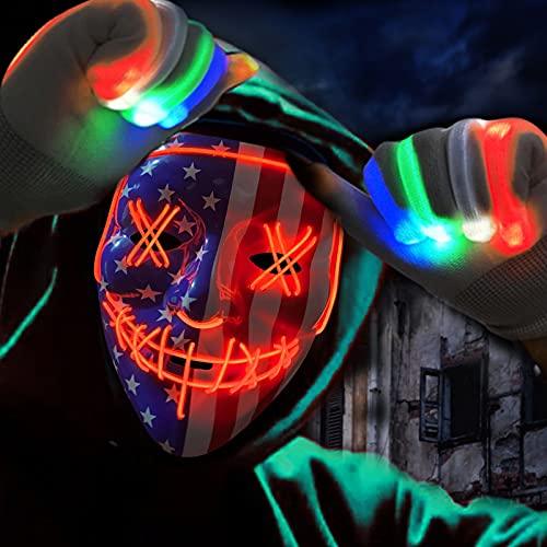 Halloween Scary Mask with LED Gloves Kit, LED Costume Mask EL Wire Light Up Mask for Halloween Costume Festival Cosplay - Glow-Paradise