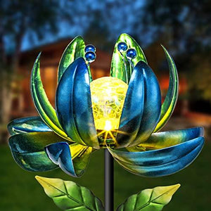 Huaxu Solar Outdoor Lights 35.4In Garden Decor Flower Wind Spinners,Waterproof LED Crackle Glass Globe Fairy Art Metal Stake for Lawn Patio Pathway Yard Porch Driveway Summer Decorations Gift(Blue) - Glow-Paradise