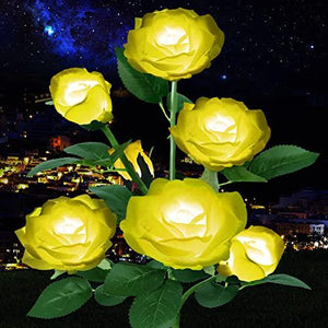 Solar Outdoor Lights 7 Rose Flowers Solar Garden Lights Garden Stake Lights Path Decorative Rose Lights for Patio Yard Pathway Landscape Enlarged Solar Panel (Yellow) - Glow-Paradise