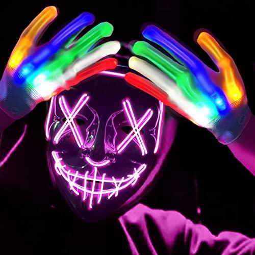Halloween Scary Mask with LED Gloves Kit, LED Costume Mask EL Wire Light Up Mask for Halloween Costume Festival Cosplay(Pink) - Glow-Paradise