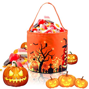 BEMISO Halloween Trick or Treat Bags With LED light Halloween Candy Basket Tote Bags Multipurpose Reusable Goody Bucket for Kids Halloween Party Favors (Orange) - Glow-Paradise
