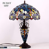 WERFACTORY Tiffany Table Lamp Sea Blue Yellow Stained Glass Dragonfly Mather-Daughter Vase Table Lamp 16X16X24 Inches Desk Light Decor Bedroom Living Room Home Office (LED Bulb Included) S128 Series - Glow-Paradise