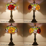 WERFACTORY Tiffany Style Table Lamp Bedside Stained Glass Lamp Red Rose Antique Desk Reading Light 10X10X18 Inches Decor Nightstand Bedroom Living Room Home Office S001 Series - Glow-Paradise