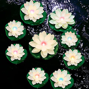 9 Pack Floating Pool Lights Lotus Flower Lantern Artificial Foam LED Lifelike Pool Lights Battery Operated Pool Lantern Pond Decoration Candles Pad (White, Colorful Light, 3.94 Inch, 5.91 Inch) - Glow-Paradise