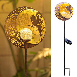 Tryme Garden Solar Lights Fairy Moon Star Glass Globe Pathway Stake Light Metal Angel Decor, Outdoor Decorative Lights Waterproof for Walkway, Yard, Lawn, Patio or Courtyard (Warm White) - Glow-Paradise