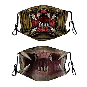 Alien Predator Mouth Face Mask for Men Women, Washable Adjustable Wild Animal Mouth Print Bandana for Adult 2PCS with Filter Pocket - Glow-Paradise