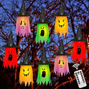 Twinkle Star Halloween 8 Pcs Lighted Hanging Witch Ghost Hats Decorations, Halloween Indoor Outdoor Remote Control String Lights 8 Lighting Modes, Glowing Witch Hat for Garden, Yard, Tree - Glow-Paradise