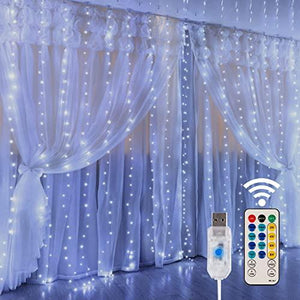 HOME LIGHTING Window Curtain String Lights, 300 LED 8 Lighting Modes Fairy Copper Light with Remote, USB Powered Waterproof for Christmas Bedroom Party Wedding Home Garden Wall Decorations, Cool White - Glow-Paradise