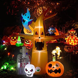 DECORLIFE 8 FT Halloween Inflatables, Blow up Halloween Decorations Tree with Ghost, Pumpkin, Skeleton and Tombstone, Halloween Yard Inflatables with Built-in LED Lights for Garden, Lawn Outdoor - Glow-Paradise