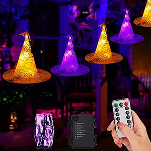 Halloween Lights Witch Hat, 56 LED Battery Operated Purple and Orange Lights with 8 Pack Hanging Lighted Hats and Remote and Timer for Indoor Outdoor Party Haunted Mansion Halloween Decoration - Glow-Paradise