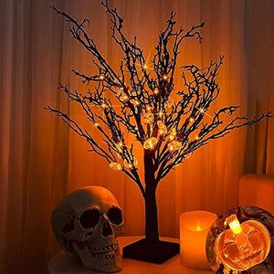 [ Timer ] 24”/ 2FT Prelit Halloween Trees Decorations with Timer 24 Orange LED 25 Pumpkin Battery Powered Halloween Black Spooky Tabletop Tree Scary Ornament Halloween Decoration Indoor Home Party - Glow-Paradise