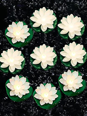 9 Pack Floating Pool Lights Lotus Flower Lantern Artificial Foam LED Lifelike Pool Lights Battery Operated Pool Lantern Pond Decoration Candles Pad (White, Yellow Light, 3.94 Inch) - Glow-Paradise