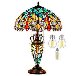 WERFACTORY Tiffany Table Lamp Sea Blue Yellow Stained Glass Dragonfly Mather-Daughter Vase Table Lamp 16X16X24 Inches Desk Light Decor Bedroom Living Room Home Office (LED Bulb Included) S128 Series - Glow-Paradise