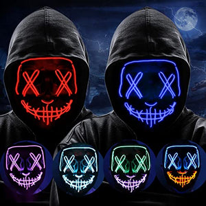 2 Packs Led Light Up Halloween Cosplay Face Mask, Glow Purge Neon Adults Scary Masked Women & Men Masquerade Party Costumes Accessories Blue & Red - Glow-Paradise