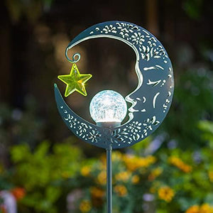 Hapjoy Outdoor Solar Lights Garden Decor for Patio,Lawn or Pathway Moon Decorations Crackle Glass Globe Stake Metal Lights Waterproof Warm LED Garden Gifts (Blue) - Glow-Paradise