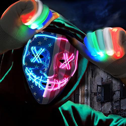 Halloween Scary Mask with LED Gloves Kit, LED Costume Mask EL Wire Light Up Mask for Halloween Costume Festival Cosplay - Glow-Paradise