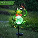 Garden Solar Lights Outdoor Decorations, Waterproof Frog Crackle Glass Globe Metal Garden Stake Lights, Solar Powered LED Green Light for Halloween Christmas Pathway Lawn Patio Yard Decor(Hat) - Glow-Paradise