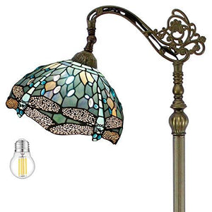 WERFACTORY Tiffany Floor Lamp Sea Blue Stained Glass Dragonfly Arched Lamp 12X18X64 Inches Gooseneck Adjustable Corner Standing Reading Light Decor Bedroom Living Room (LED Bulb Included) S147 Series - Glow-Paradise