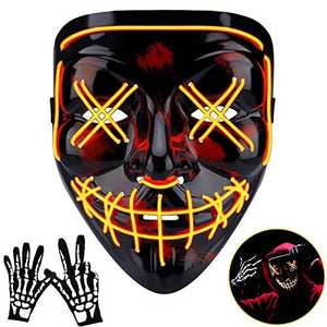 Halloween Mask LED Light Up Scary Mask with Skull Gloves 3 Lighting Modes for Festival Parties Cosplay (Yellow) - Glow-Paradise