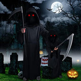 Halloween Grim Reaper Costume Kids Adult with Red Glowing Eyes and Scythe, Scary Halloween Phantom Costumes for Women Men Adults Death Costume - Glow-Paradise