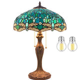 WERFACTORY Tiffany Table Lamp Green Stained Glass Dragonfly Bedside Lamp 16X16X24 Inches Antique Desk Reading Light Metal Base Decor Bedroom Living Room Home Office (LED Bulb Included) S622 Series - Glow-Paradise