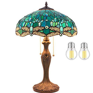 WERFACTORY Tiffany Table Lamp Green Stained Glass Dragonfly Bedside Lamp 16X16X24 Inches Antique Desk Reading Light Metal Base Decor Bedroom Living Room Home Office (LED Bulb Included) S622 Series - Glow-Paradise