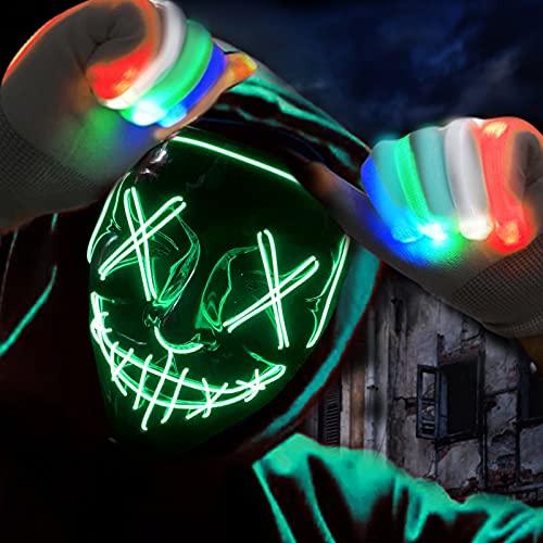 Halloween Scary Mask with LED Gloves Kit, LED Costume Mask EL Wire Light Up Mask for Halloween Costume Festival Cosplay (Green) - Glow-Paradise