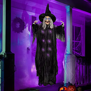 72” Hanging Animated Talking Witch Decoration with Light-up Eyes and Sound Activation Function for Halloween Haunted House Prop Décor, Halloween Hanging Decorations, Outdoor/Indoor, Lawn Decor - Glow-Paradise