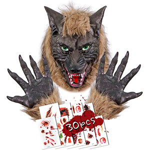 BerrysParadise Halloween Werewolf Mask for Men, Women, Teens, Adults Wolf Mask with Claws Gloves and Realistic Scar Stickers for Scary Party Cosplay Costume （Brown） - Glow-Paradise