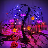 24 LED Orange Purple Lighted Halloween Willow Tree Decoration with Timer DIY 3 Bats & 3 Pumpkins Battery Operated 18'' Artificial Black Spooky Tree Halloween Decorations Tabletop Indoor Home Party - Glow-Paradise