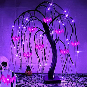 TURNMEON 24 Inch 32 LED Halloween Willow Tree Decorations with Timer DIY 8 Bats Purple Lights Battery Operated Artificial Black Spooky Tree Tabletop Indoor Home Party Holiday Halloween Decor - Glow-Paradise