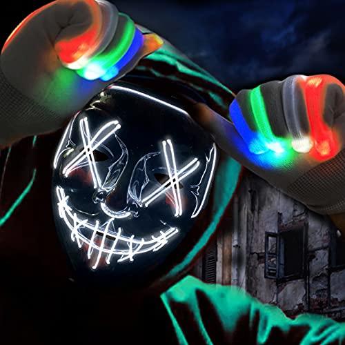 Halloween Scary Mask with LED Gloves Kit, LED Costume Mask EL Wire Light Up Mask for Halloween Costume Festival Cosplay(White) - Glow-Paradise