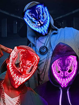 Venobat Halloween Mask LED Light Up Mask for Adults Kids - 3 Pack Cool Neon Glow Mask with Dark and Evil Glowing Eyes 3 Lighting Modes El Wire for Halloween Costume Festival Cosplay (Red+Blue+Purple) - Glow-Paradise